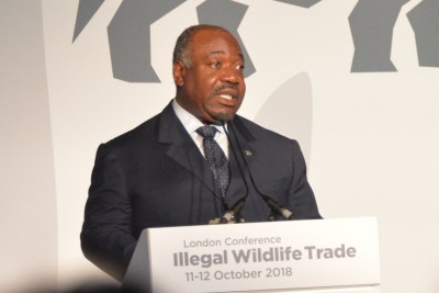 Ali Bongo speaking at the Illegal Wildlife Trade Conference in London on October 11, 2018.