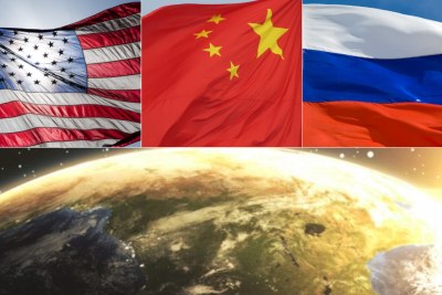 Top, left to right: Flags for the U.S., China and Russia. Bottom: African continent.
