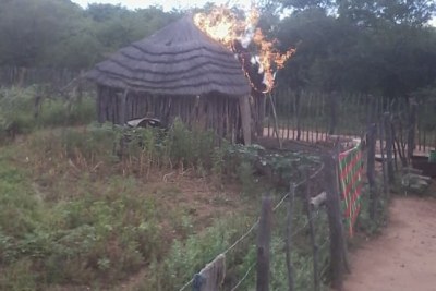 A kitchen hut on fire at Stoncroft Farm.