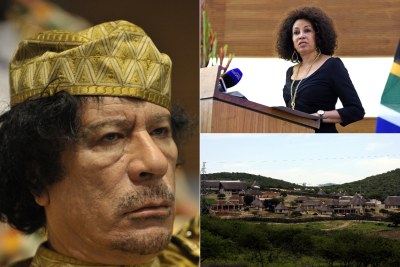 Left: Former Libyan leader Muammar Gaddafi. Top-right: Minister of International Relations and Cooperation Lindiwe Sisulu. Bottom-right: Former president Jacob Zuma's homestead in Nkandla.