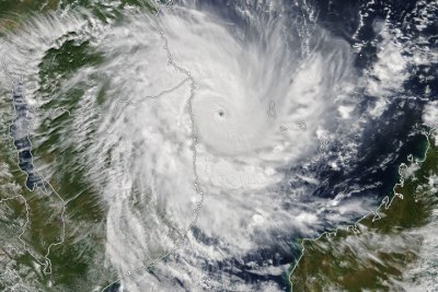 On April 25, 2019, the Moderate Resolution Imaging Spectroradiometer on NASA’s Terra satellite acquired this natural-color image of Tropical Cyclone Kenneth just before landfall near the border of Mozambique and Tanzania. Around the time of the image, the U.S. Joint Typhoon Warning Center estimated sustained winds of 120 knots (220km/h).