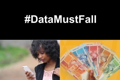 Top: #DataMustFall hashtag. Bottom-left: Phone user. Bottom-right: Banknotes.