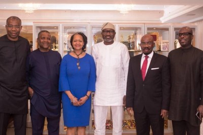 (L to R) Mr. AIg-Imoukhuede, Mr. Aliko Dangote, Ms. Florizelle Liser, Mr. Femi Otedola, Mr. Jim Ovia, Mr. Tunde Folawiyo at Corporate Council on Africa (CCA) meeting in Lagos