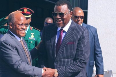 Tanzania President John Magufuli with Namibian President Hage Geingop at the State House during official talks at the State House.