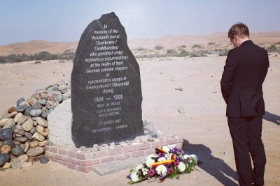 Prime Minister of the German federal state of Schleswig-Holstein and president of the Federal Council Daniel Günther at a Swakopmund graveyard monument erected to commemorate the victims of the colonial concentration camp there (file photo).