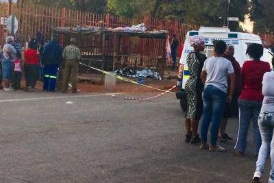 Crime scene in White City Section of Kwathema township. “It is alleged that a group of people wanted to attack a shop owned by a foreign national. The landlord came out to rescue the shop owner. He warned and threatened the group of people that were outside his yard. A fight ensued when he saw that he was overpowered he took out his licensed firearm and started shooting randomly. The 35-year-old suspect was traced, arrested and detained at Kwathema SAPS,” said a police statement.