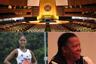 Top: United Nations General Assembly hall. Bottom-left: Slain UKZN student Sinethemba Ndlovu. Bottom-right:  Minister Naledi Pandor.