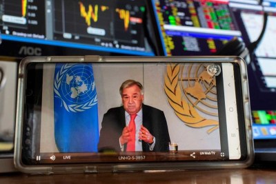 UN Secretary-General António Guterres briefs the media on March 31, 2020 on the socio-economic impacts of the COVID-19 pandemic.