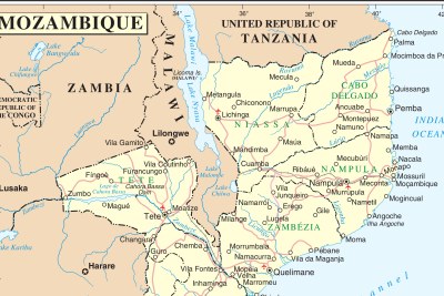 A map of Mozambique, showing Cabo Delgado.