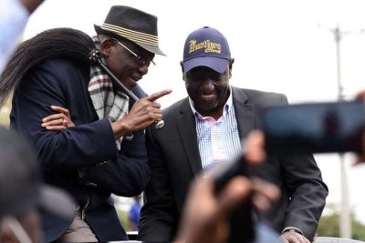 DP William Ruto and former Machakos Senator Johnstone Muthama address a rally after attending a church service at St Paul’s ACK Church in Athi River on September 7.