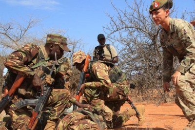 A British soldier (right) gives instructions during a joint training with Kenya Defence Forces at Archer’s Post in Samburu County on October 7, 2020 (file photo).