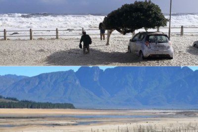 Top: Flooding in Sea Point, Cape Town in 2017 when a massive storm resulted caused by what was referred to as the #CapeStorm on social media. The heavy wind and rain resulted in eight deaths and damaged 135 schools across the Western Cape. Around 800 homes were flooded across the city of Cape Town due to the storm. Bottom: Theewaterkloof Dam during the height of the Cape water crisis in 2017. The Western Cape was declared a disaster area on May 22, due to drought in the province.