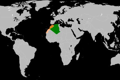 A map showing the location of Algeria (green), Morocco (orange) and Western Sahara (lighter orange).