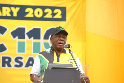President Cyril Ramaphosa at the ANC's 110th anniversary in Limpopo, South Africa.