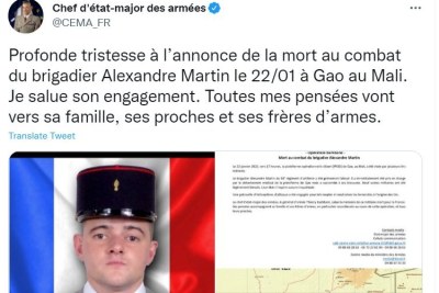 A tweet by the French Chief of the Armed Forces.
