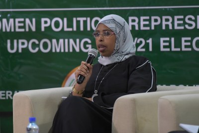 Amina Mohamed Abdi, Member of the House of the People of the Federal Parliament of Somalia, speaks at a women's political representation forum organised by the office of Political Affairs of the African Union Mission in Somalia (AMISOM), in Mogadishu, Somalia on November 2, 2020 (file photo).