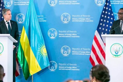 United States Secretary of State Antony J. Blinken, left, and Rwanda's Minister of Foreign Affairs and International Cooperation Vincent Biruta during a joint press briefing in Kigali on August 11, 2022.