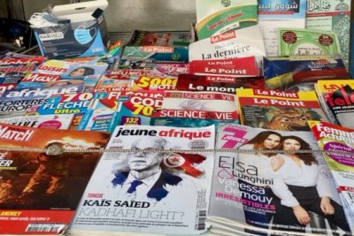 A Tunis newsstand with President Saied on the front cover of a prominent magazine.