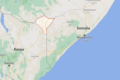 A map showing the location of Mandera county (outlined in red) in relation to Kenya and Somalia.