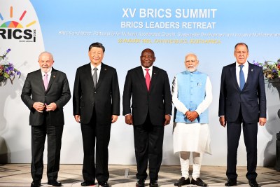 From left: Brazil's President Luiz Inácio Lula da Silva, Chinese President Xi Jinping, President Cyril Ramaphosa hosts, Indian Prime Minister Narendra Modi and Russian Foreign Minister Sergei Lavrov in Johannesburg, August 22, 2023.