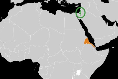 A map showing the location of Eritrea (in orange) and Israel (circled, in green).