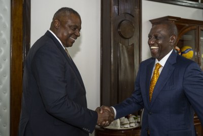Secretary of Defense Lloyd J. Austin left, is greeted by Kenya President William Ruto during a bilateral exchange at the Kenya State House in Nairobi, Kenya