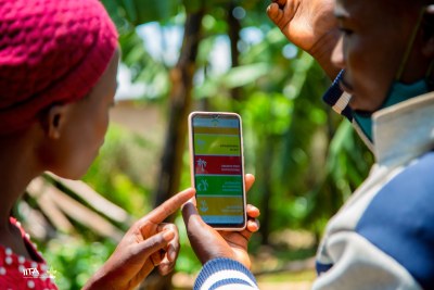 A Banana farmer in Rwanda learn about a new smartphone app to support better agronomic practices.  The app was developed by the International Institute for Tropical Agriculture (IITA), a CGIAR center.