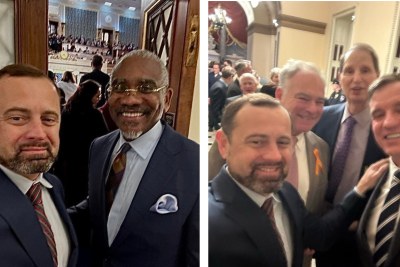 Tom Perriello (left in both photos) on the floor of the U.S. House of Representatives, where he served one term in the U.S. House representing Virginia's 5th District, waiting for the arrival of President Biden for his State of the Union address. Pictured in social media posts with (right) Rep . Gregory Meeks, ranking Democratic on the Foreign Affairs Committee and (left) with Virginia Senators Tim Kaine and Mark Warner with Ron Wyden (Oregon) in the rear. Former members are granted access to the House floor, and many regularly attend the high-profile annual presidential speech.