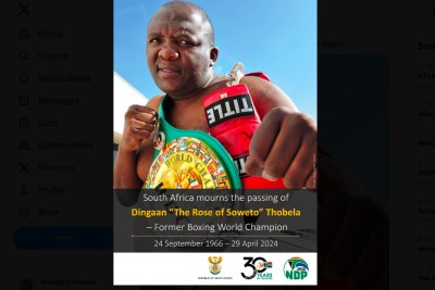 South African government mourns boxing legend Dingaan Thobela.